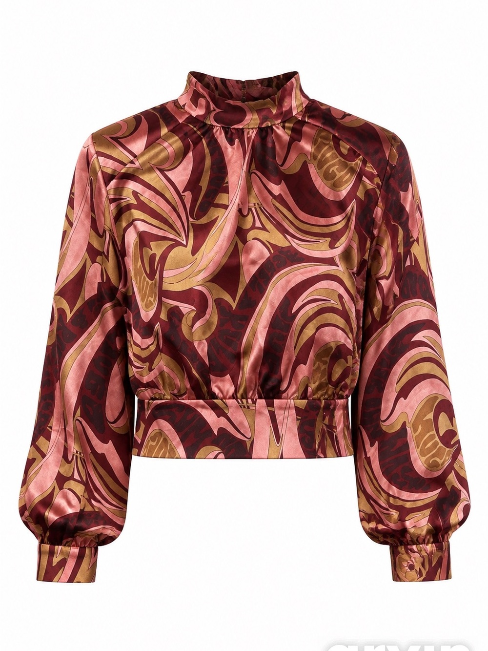 HUGO Satin Mock-Neck Blouson Top in Burgundy, Pink & Gold Swirl